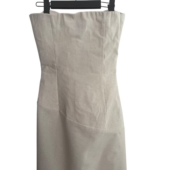 2/$25 NWT PrettyLittleThing 0 Muslin Beige Strapless Asymmetric Hem Dress - Picture 12 of 16